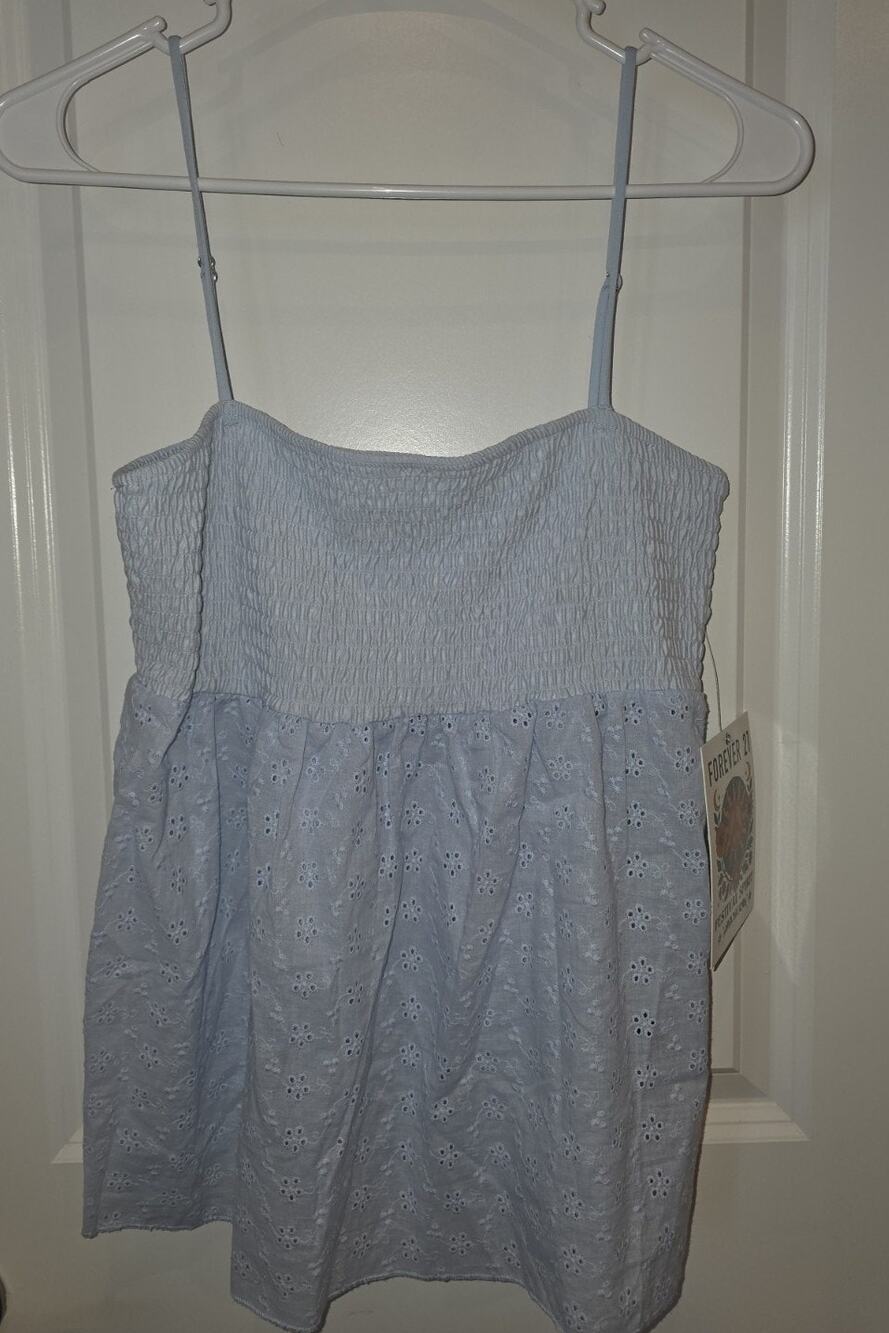 Forever 21 Babydoll Cami Top Womens M Blue Eyelet Smocked Spaghetti Coquette NWT